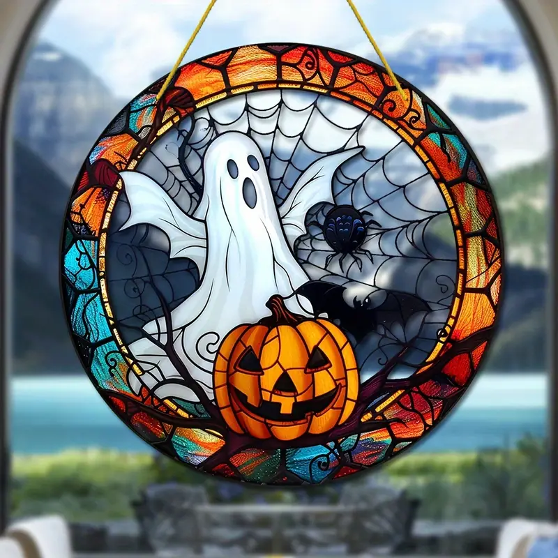 Spooky Ghost Halloween Window Hanging - Colorful Acrylic Sun Catcher, 8X8, Perfect For Home & Garden Decor, Ideal Housewarming Or Thanksgiving Gift ORHA2408