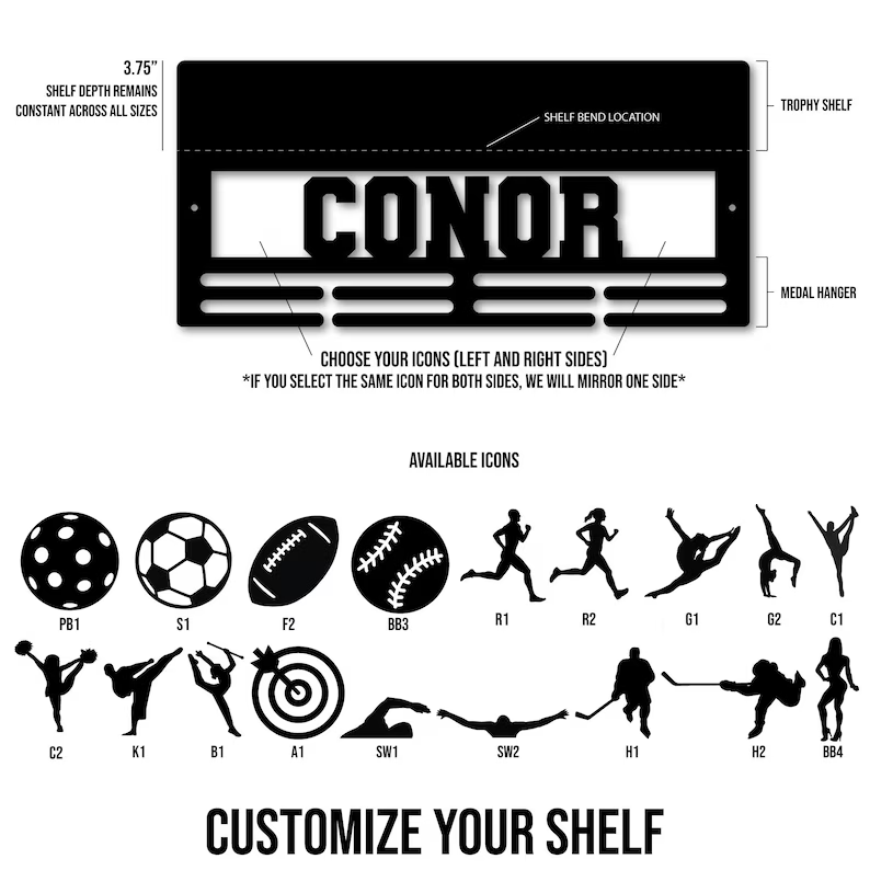 Custom Name Medal Hanger and Trophy Shelf - Medal Holder Custom Text 8 Rungs for Medals & Ribbons Medal Hanger Medal Display Award Display