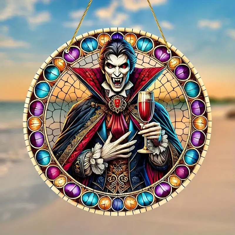 Vampire Stained Glass Suncatcher Decoration 1 Piece - 8-Inch Gothic Round Acrylic Sun Catcher for Windows, Halloween Decor, Festive Party Ornament, Durable Multipurpose Home Adornment, Creative Gift for B ORHA2408