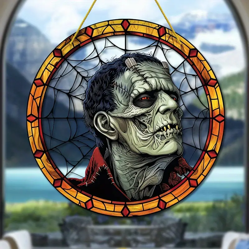 Vintage Frankenstein's Monster Acrylic Hanging Decor, 8 Stained Glass Style Sun Catcher, Gothic Home Decor, Window Mount, Multipurpose Weather-Resistant Indoor Decorative Sign, Ideal for Halloween & Hous ORHA2408