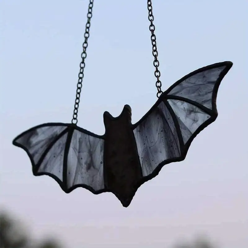 Bat Stained Glass Suncatcher - Halloween Window Hanging Decor, No Feathers, Non-Electric, Decorative Artisan Crafted Glass Bat Silhouette ORHA2608