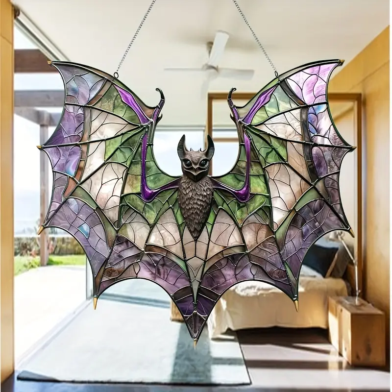 Contemporary Acrylic Bat Suncatcher, 8x7.3 - StainGlass Style Hanging Ornament for Window, Versatile Halloween Decor, Home Wall Art, Housewarming Gift, Wreath Centerpiece Accessory - Waterproof, Solvent ORHA2608