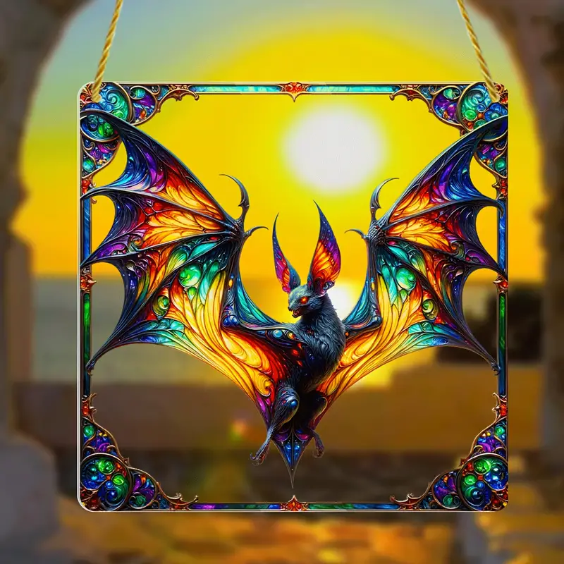 Gothic Bat Acrylic Suncatcher 8x8 Inch - Halloween Hanging Window Decoration, Square Sign, Wreath Centerpiece, Door Porch Wall Home Room Garden Farmhouse Bedroom Decor ORHA2608