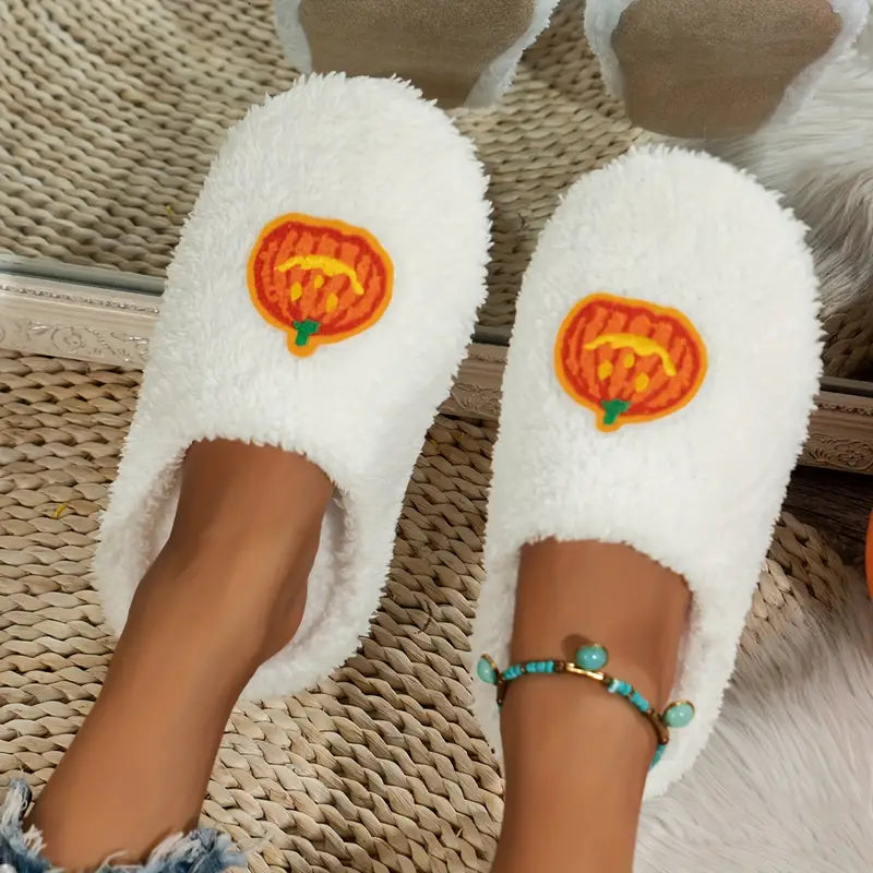 Halloween Pumpkin Fuzzy Slippers, Winter Closed Toe Soft Sole Plush Shoes, Cozy & Warm Home Mute Slippers SL0808 08