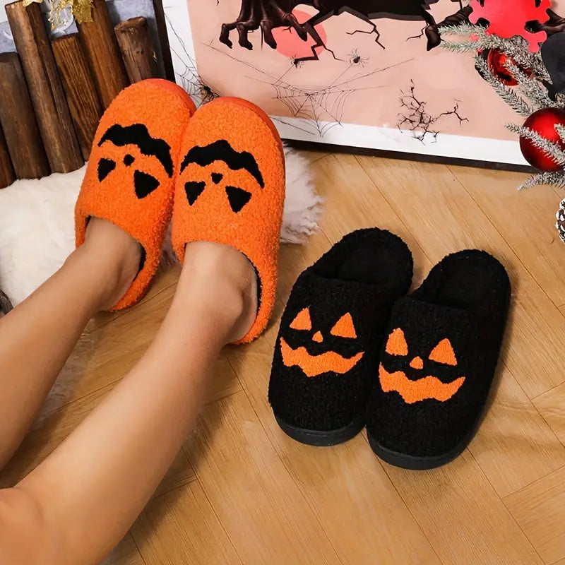 Cartoon Pumpkin Print Fuzzy Slippers, Slip On Soft Sole Platform Non-slip Shoes, Halloween Winter Plush Indoor Shoes SL0808 01