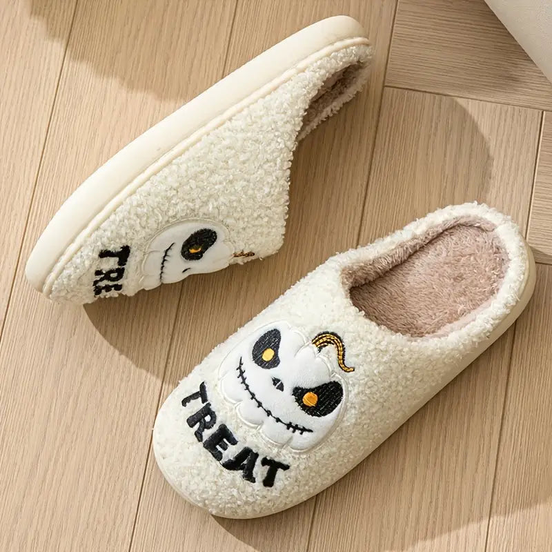 Men's Halloween Style Devil Pumpkin Pattern Fuzzy Slippers, Comfy Non Slip Casual Durable Thermal Slides, Men's Winter Indoor Footwear 
 SL0808 11