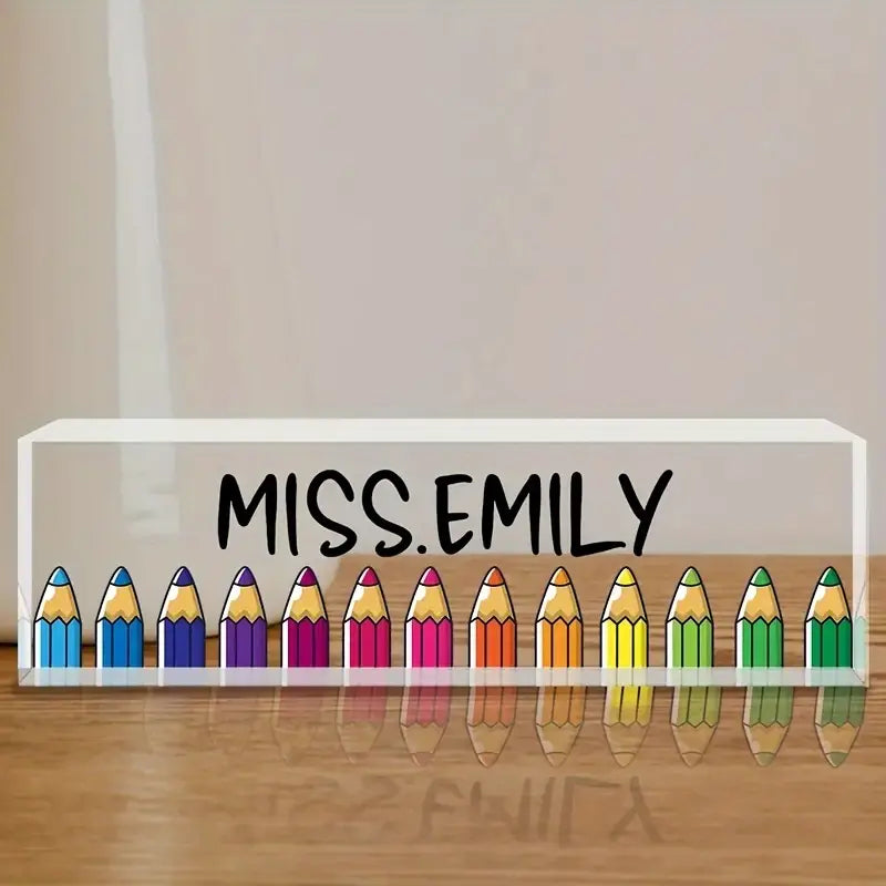 Personalized Acrylic Desk Nameplate with Crayon Design, Custom Office Decor Desk Sign, Professional Name Tag for Teacher, TC31J7