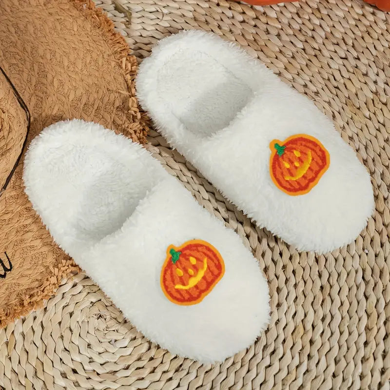 Halloween Pumpkin Fuzzy Slippers, Winter Closed Toe Soft Sole Plush Shoes, Cozy & Warm Home Mute Slippers SL0808 08