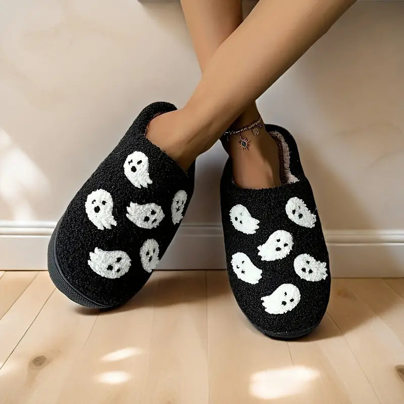 Halloween Ghost Pattern Slippers, Casual Slip On Plush Lined Shoes, Comfortable Indoor Home Slippers SL0808 02