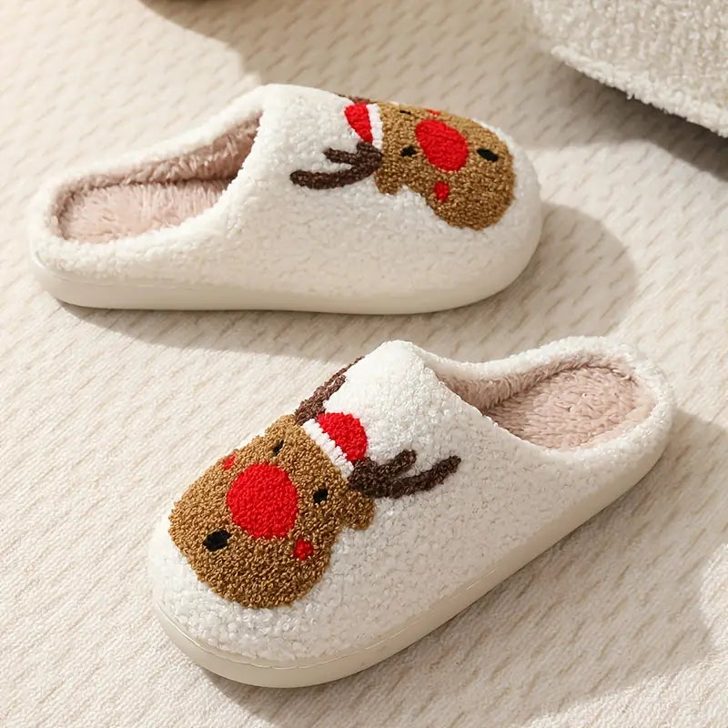 Cartoon Christmas Deer Print Slippers, Slip On Soft Sole Flat Non-slip Comfy Shoes, Winter Plush Home Warm Shoes SL0808 16