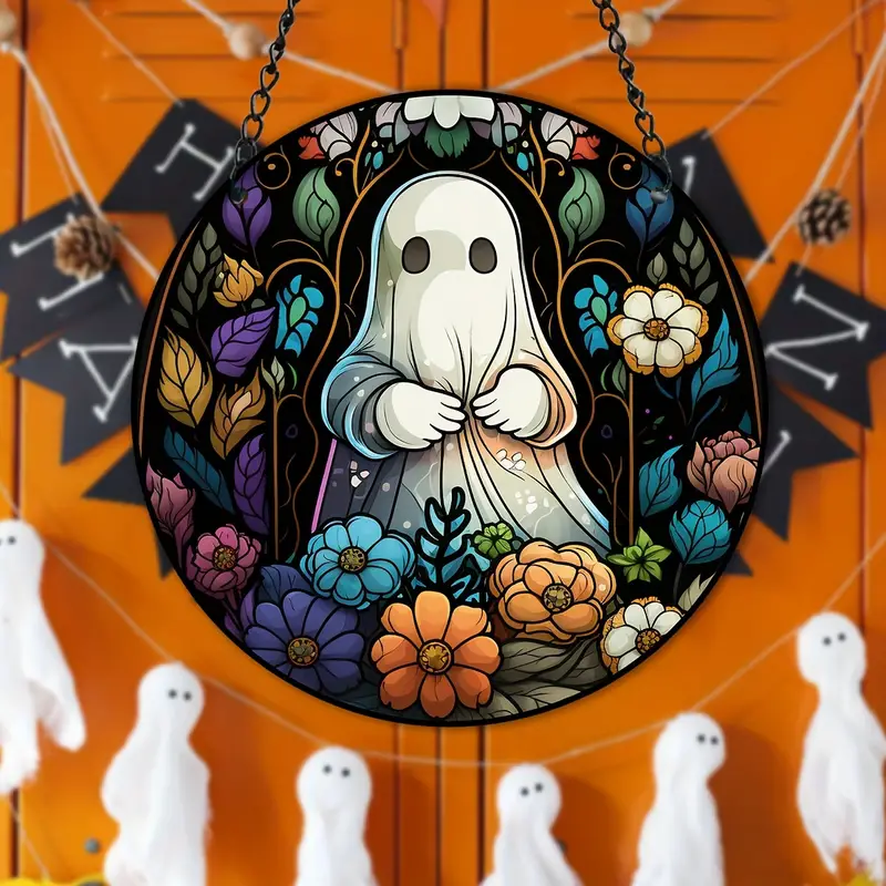Festive Halloween Ghosts Window Hanging Suncatcher - 7.87inch, 3D Pattern Painted Plastic Panel Decor for Home, Gifts for Friends, Neighbors, Family, Holiday, Christmas, Halloween, Birthday ORHA2408