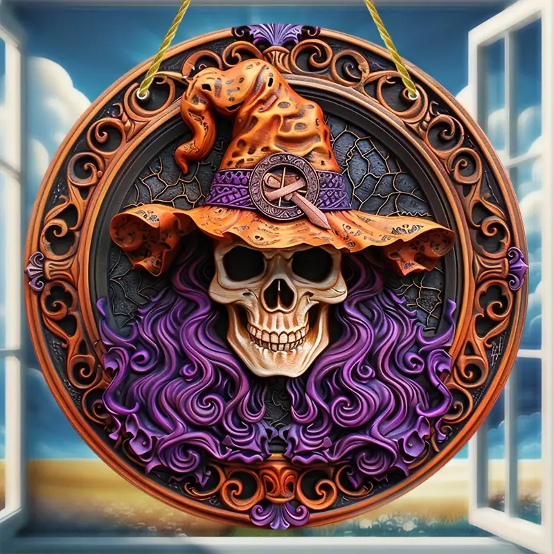 Halloween Skull Suncatcher Ornament - Unique Horror Themed Circular Decoration for Window and Garden Display, Ideal for Porch and Wall Art, Outdoor Seasonal Decor, Perfect Gift for Birthdays or Holidays ORHA2408
