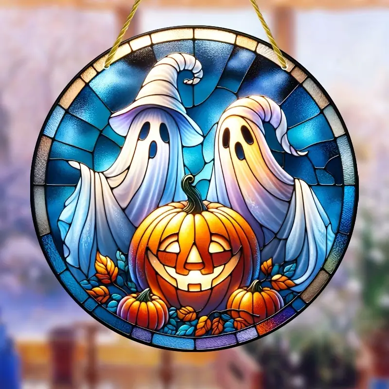 Spooky Ghosts & Pumpkins Suncatcher - 8x8 Acrylic Stained Glass Window Hanging, Perfect for Halloween Decor Indoors & Outdoors, Porch, Garden, Bedroom, Office - Unique Gift Idea ORHA2408