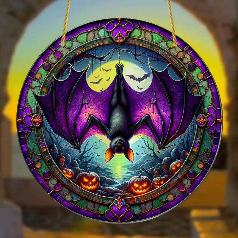 Gothic Bat Acrylic Suncatcher 8 Inch - Glam Round Hanging Ornament for Halloween, Bachelor Party - No Electricity, Featherless Wall, Window, Porch Decor - Universal, Day of the Dead, Fall Holiday ORHA2608