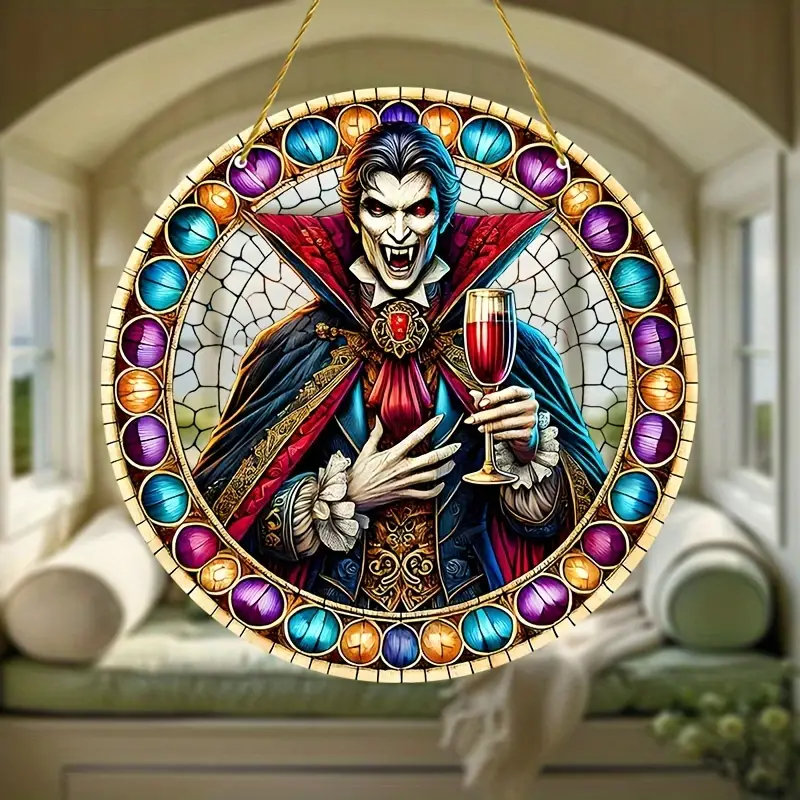 Vampire Stained Glass Suncatcher Decoration 1 Piece - 8-Inch Gothic Round Acrylic Sun Catcher for Windows, Halloween Decor, Festive Party Ornament, Durable Multipurpose Home Adornment, Creative Gift for B ORHA2408