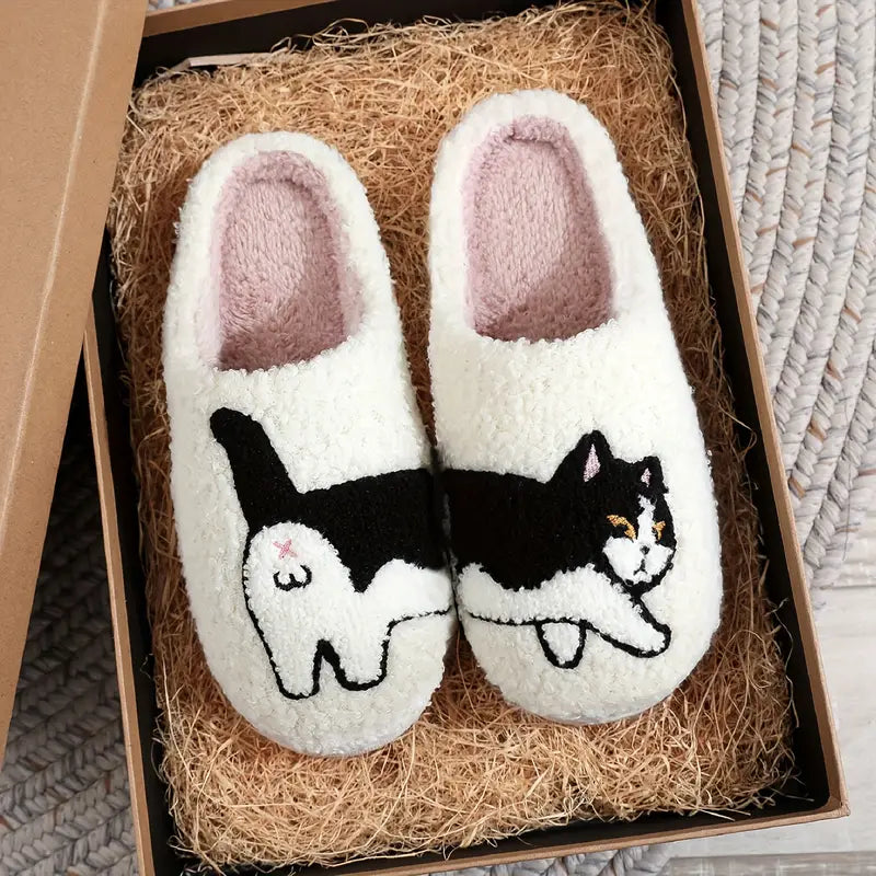 Cute Cat Pattern Slippers, Casual Slip On Plush Lined Shoes, Comfortable Indoor Home Slippers 
 SL0808 21