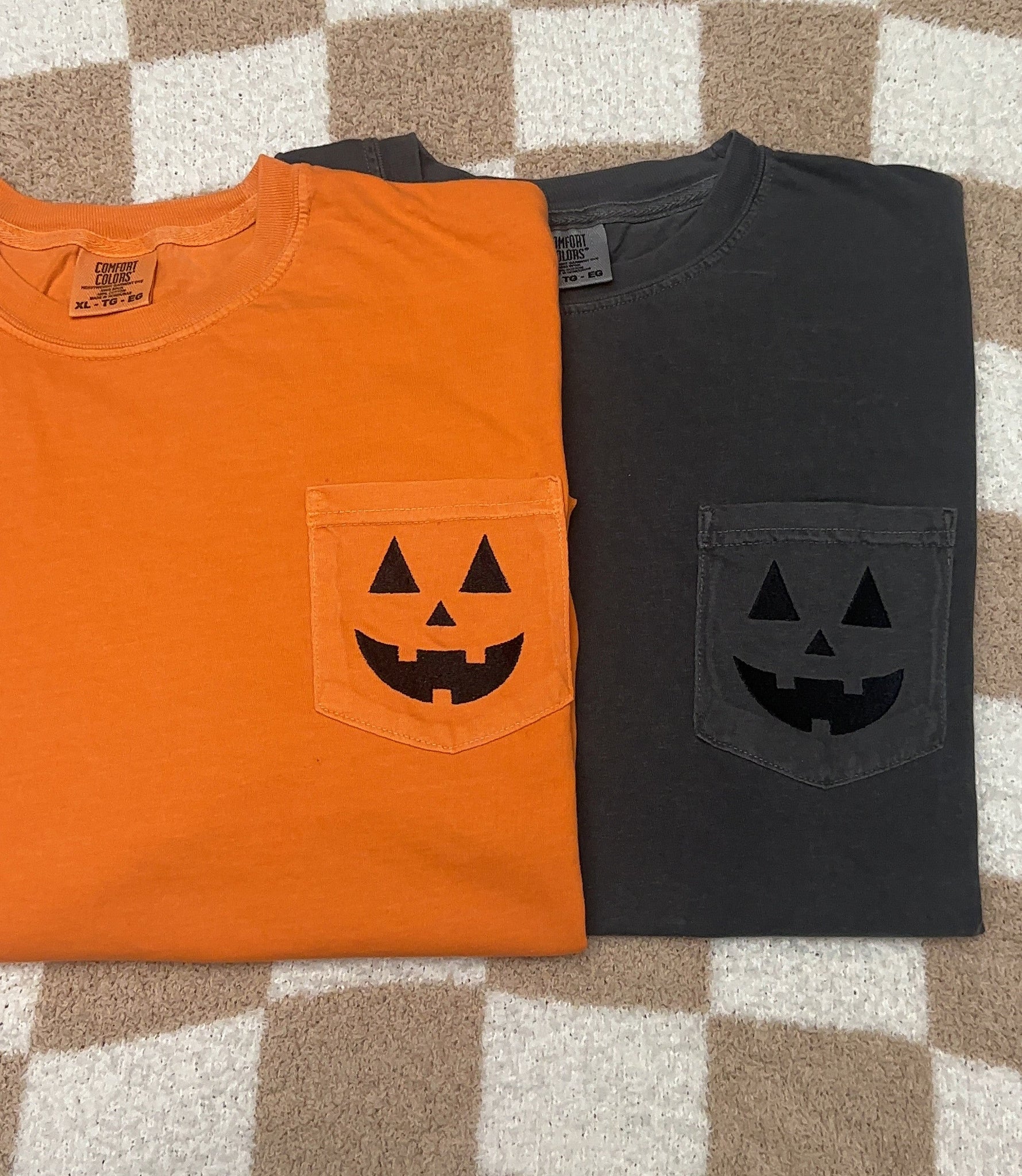 Embroidere Pumpkin Face Comfort Colors pocket T-shirt, Halloween tshirt, Pumpkin tshirt, Spooky Season tshirt, Spooky season jack o lantern shirt EMHA2608