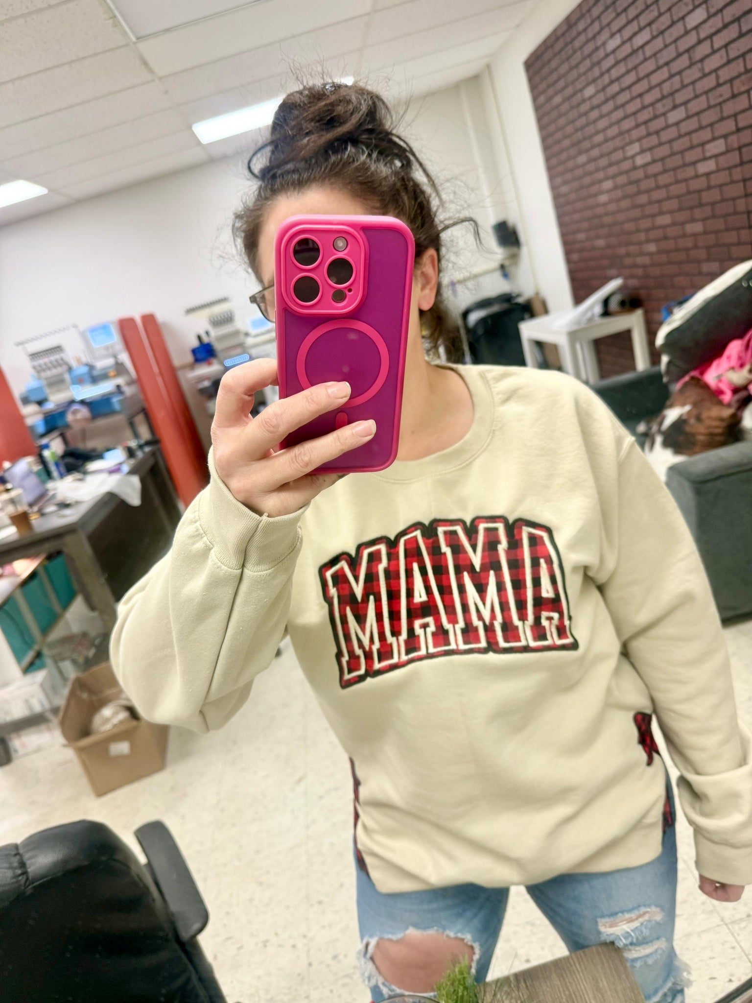 Embroidered bow mama sweatshirt, side bow sweatshirt,mama crewneck, mom gift, embroidered sweatshirt, viral bow sweatshirt, plaid mama shirt ESIBOW