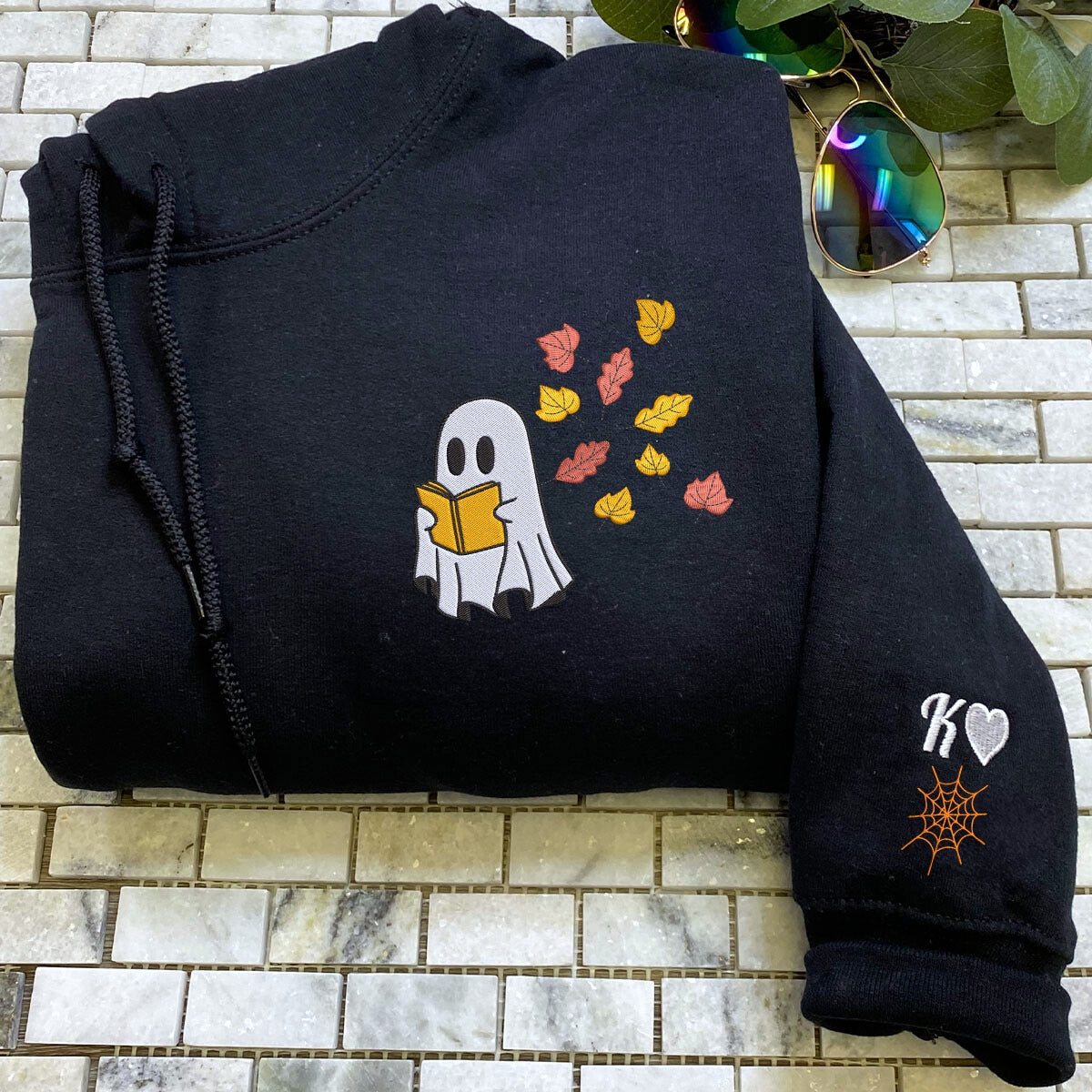 Embroidered Fall Ghost Reading Book Halloween Sweatshirt or Hoodie EMHA2608