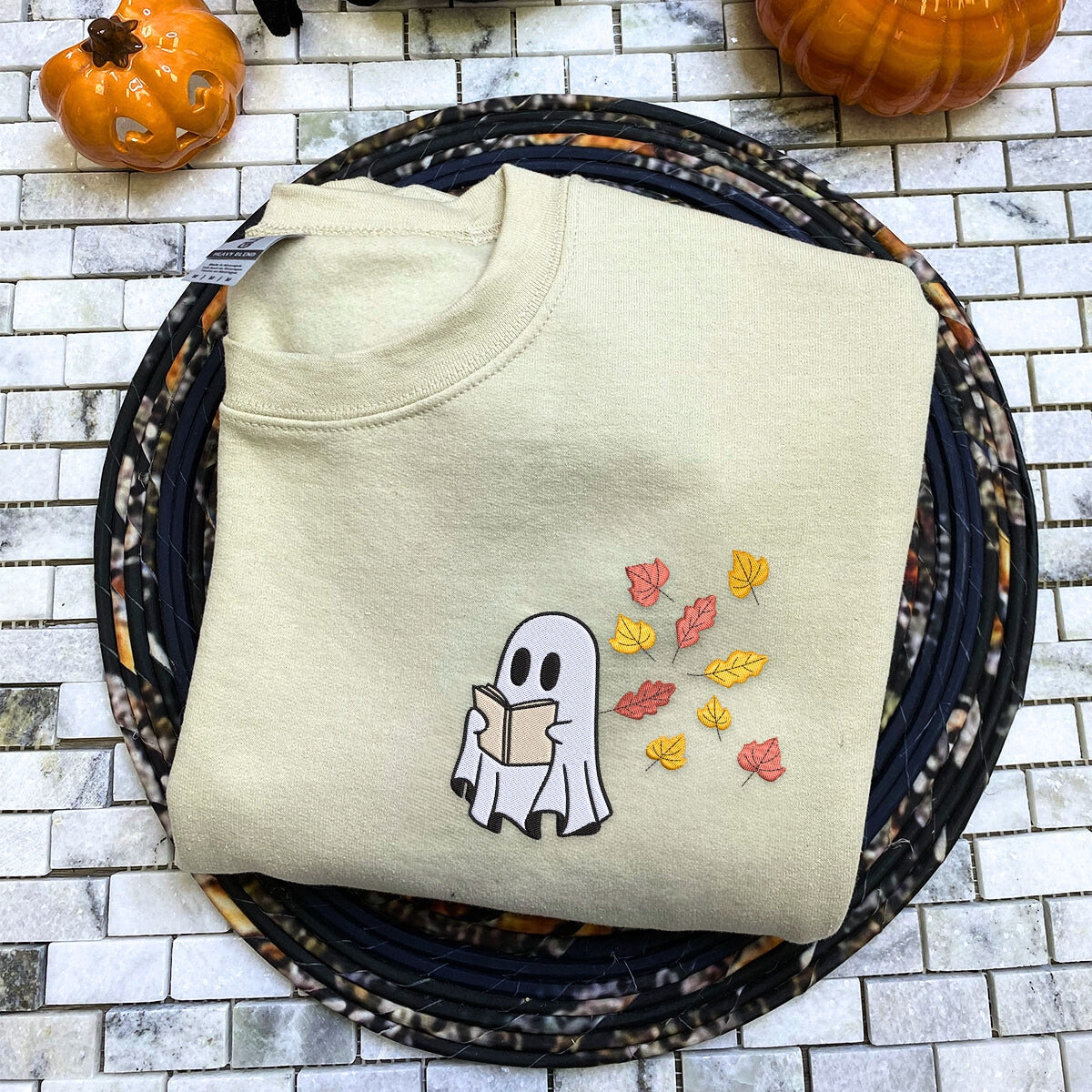 Embroidered Fall Ghost Reading Book Halloween Sweatshirt or Hoodie EMHA2608