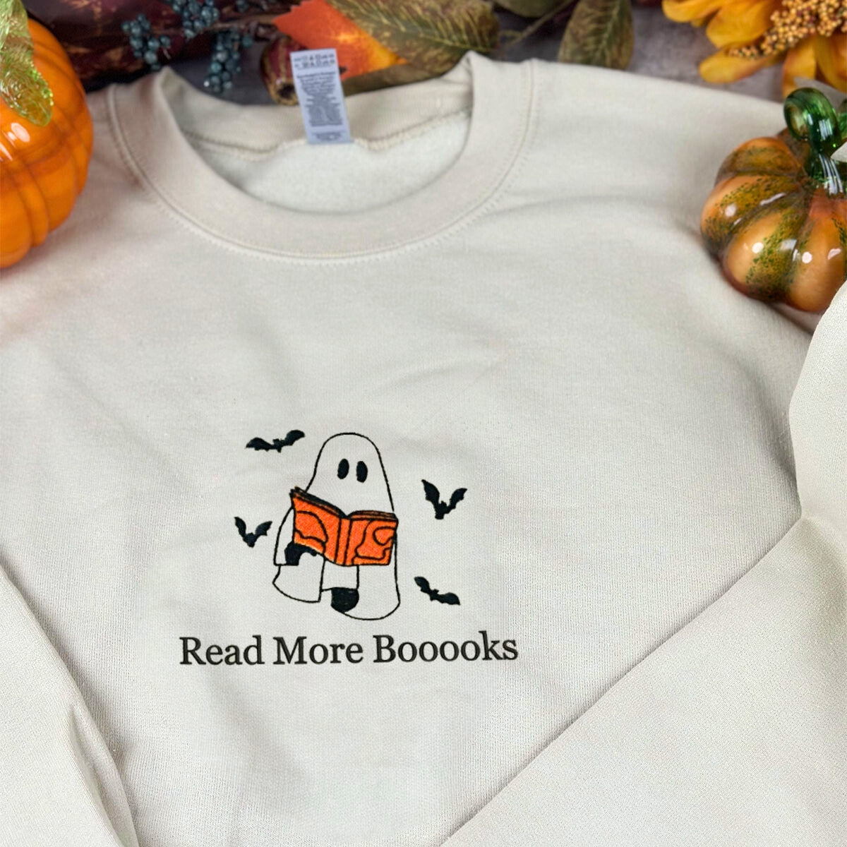 Embroidered Fall Ghost Reading Book Halloween Sweatshirt or Hoodie EMHA2608