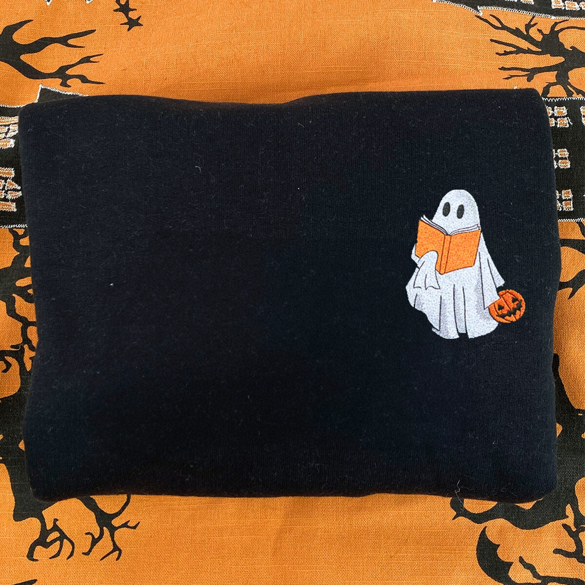 Embroidered Fall Ghost Reading Book Halloween Sweatshirt or Hoodie EMHA2608