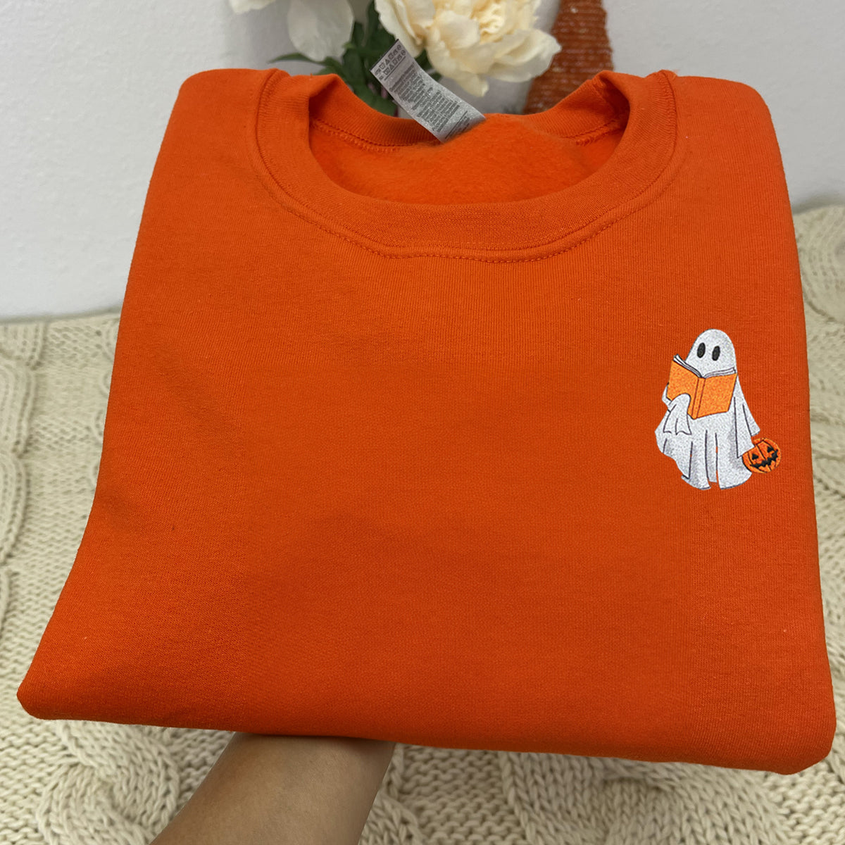 Embroidered Fall Ghost Reading Book Halloween Sweatshirt or Hoodie EMHA2608