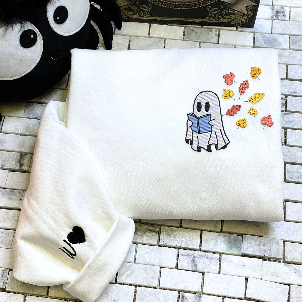 Embroidered Fall Ghost Reading Book Halloween Sweatshirt or Hoodie EMHA2608