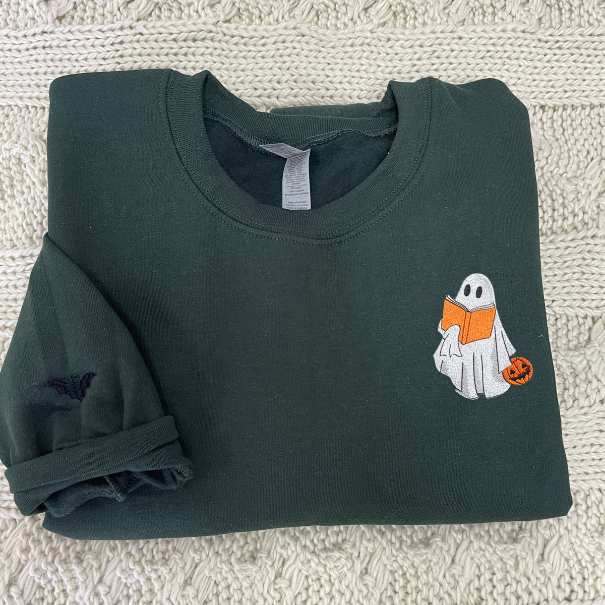 Embroidered Fall Ghost Reading Book Halloween Sweatshirt or Hoodie EMHA2608