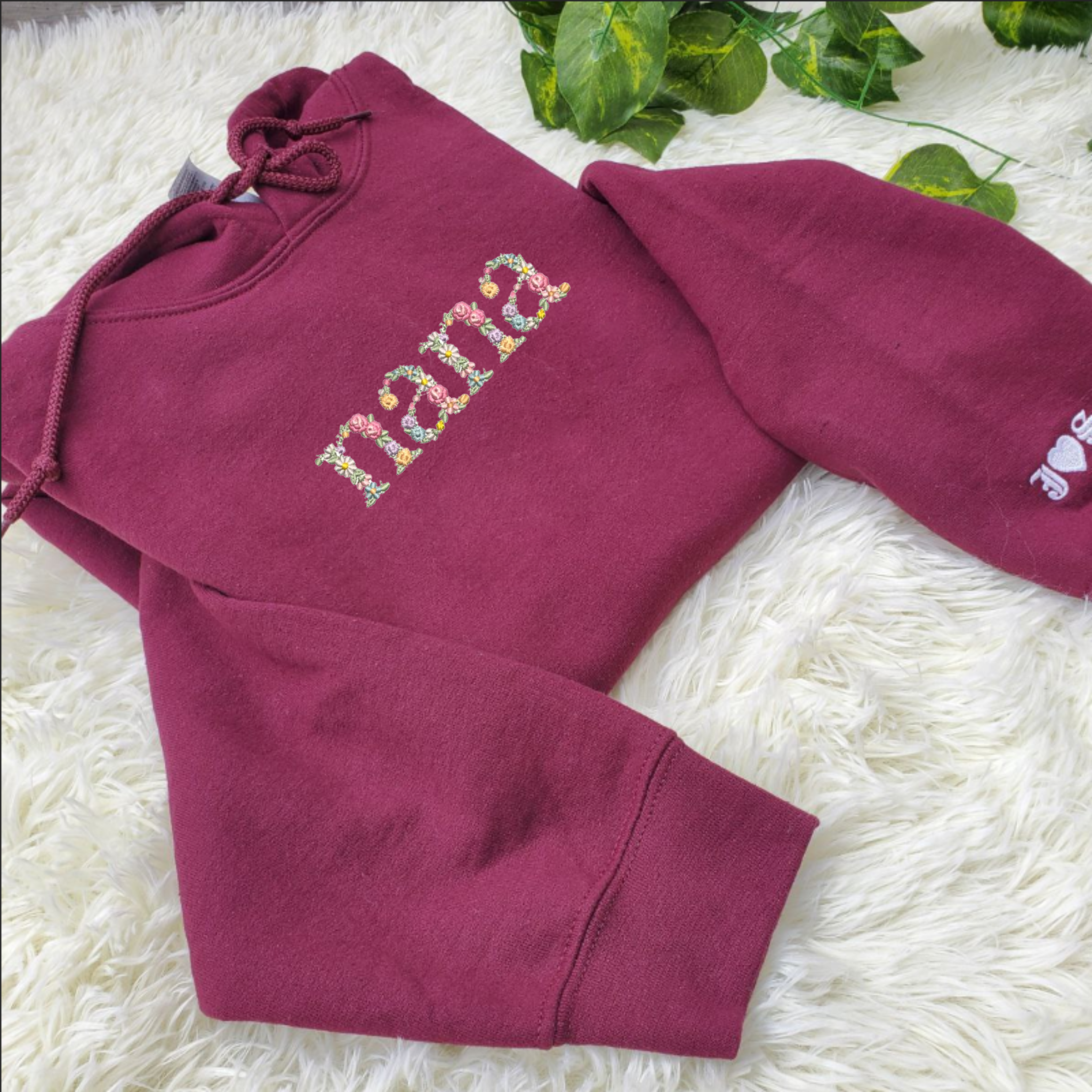 Embroidered Floral Nana Hoodie, Personalized Hood with Initial On Sleeve, Good Nana Gift Ideas EM2