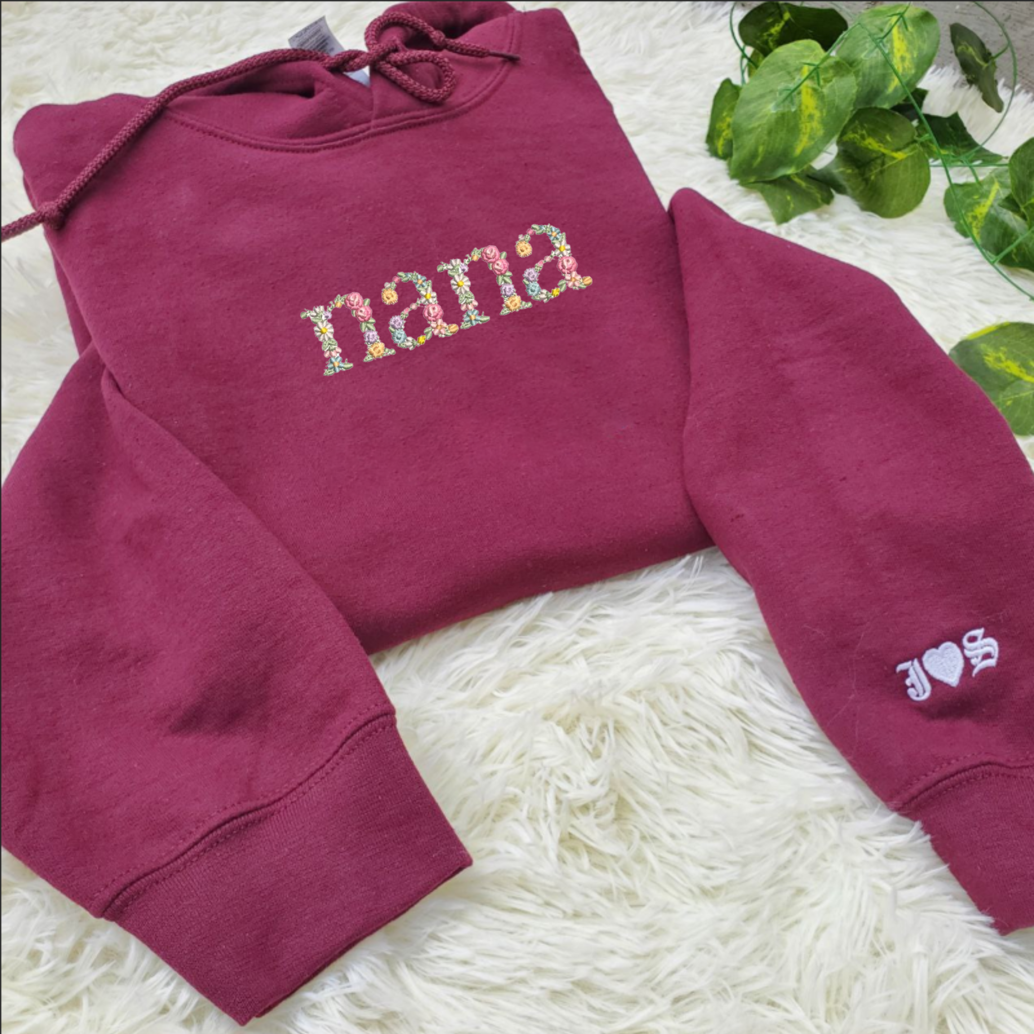 Embroidered Floral Nana Hoodie, Personalized Hood with Initial On Sleeve, Good Nana Gift Ideas EM2