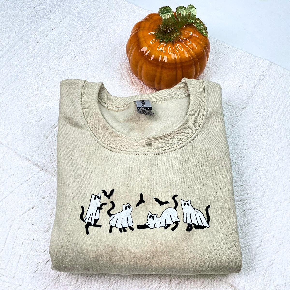 Embroidered Ghost Sweatshirt, Halloween Sweatshirt, Ghost with Black Cat HoodieEMHA2608