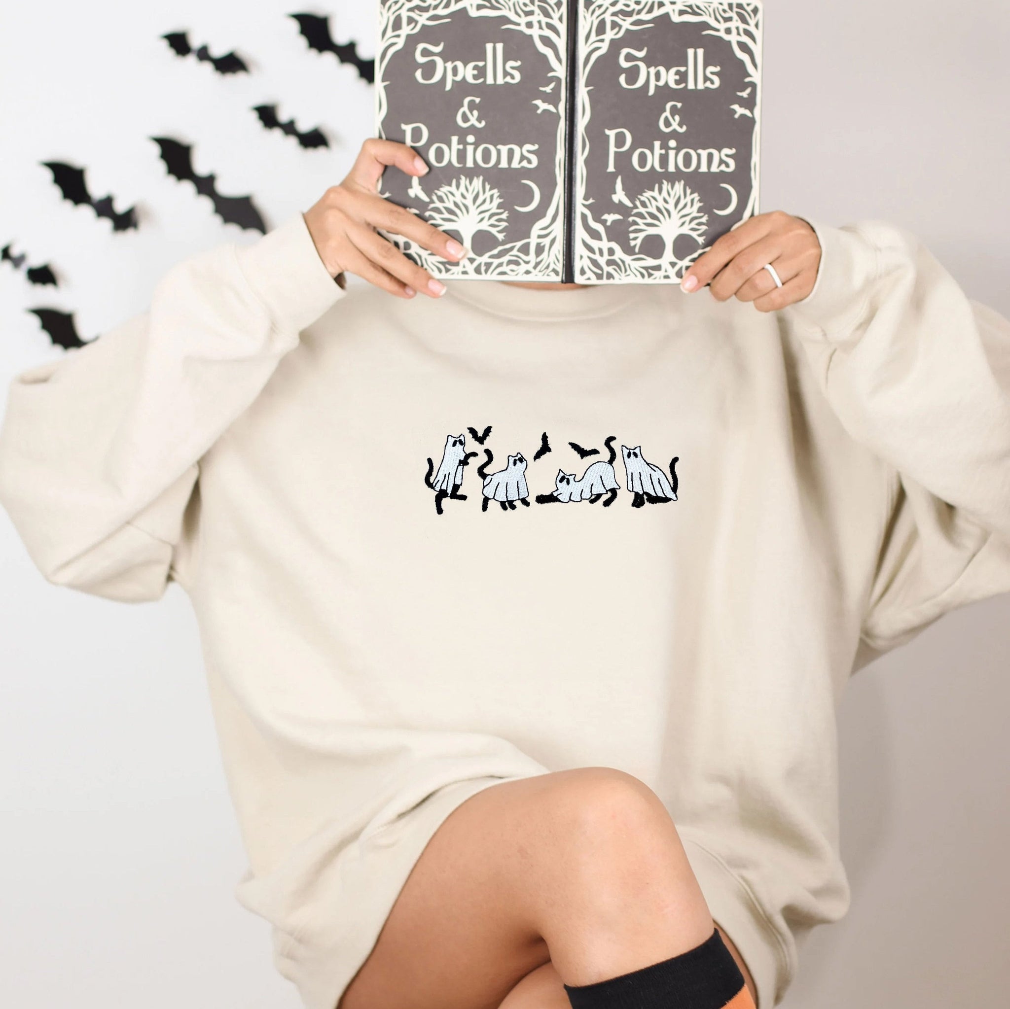 Embroidered Ghost Sweatshirt, Halloween Sweatshirt, Ghost with Black Cat HoodieEMHA2608