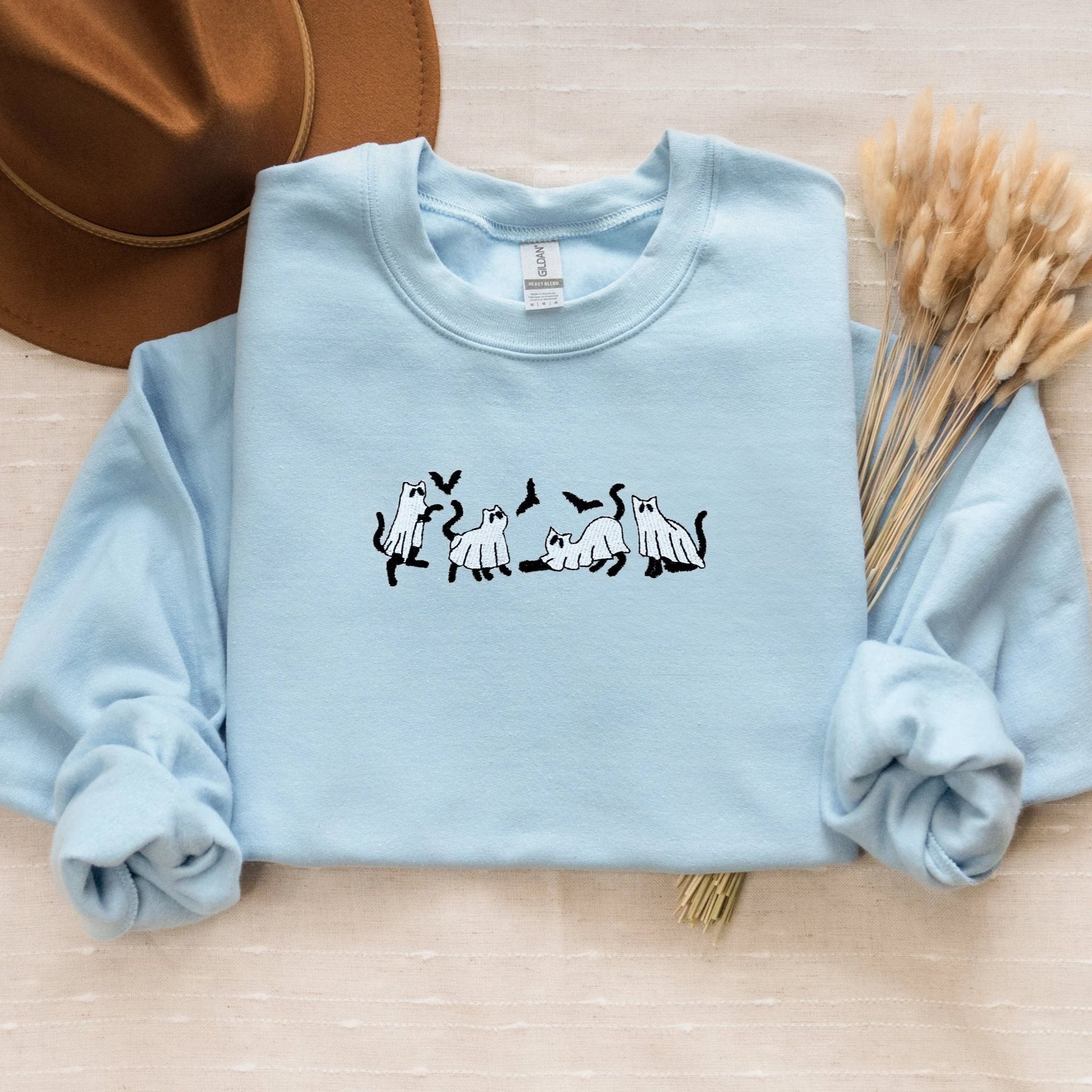 Embroidered Ghost Sweatshirt, Halloween Sweatshirt, Ghost with Black Cat HoodieEMHA2608