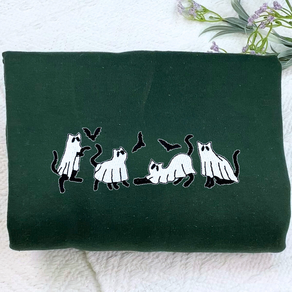 Embroidered Ghost Sweatshirt, Halloween Sweatshirt, Ghost with Black Cat HoodieEMHA2608