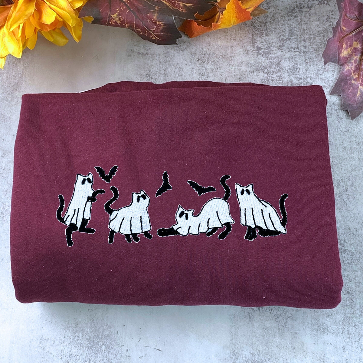 Embroidered Ghost Sweatshirt, Halloween Sweatshirt, Ghost with Black Cat HoodieEMHA2608