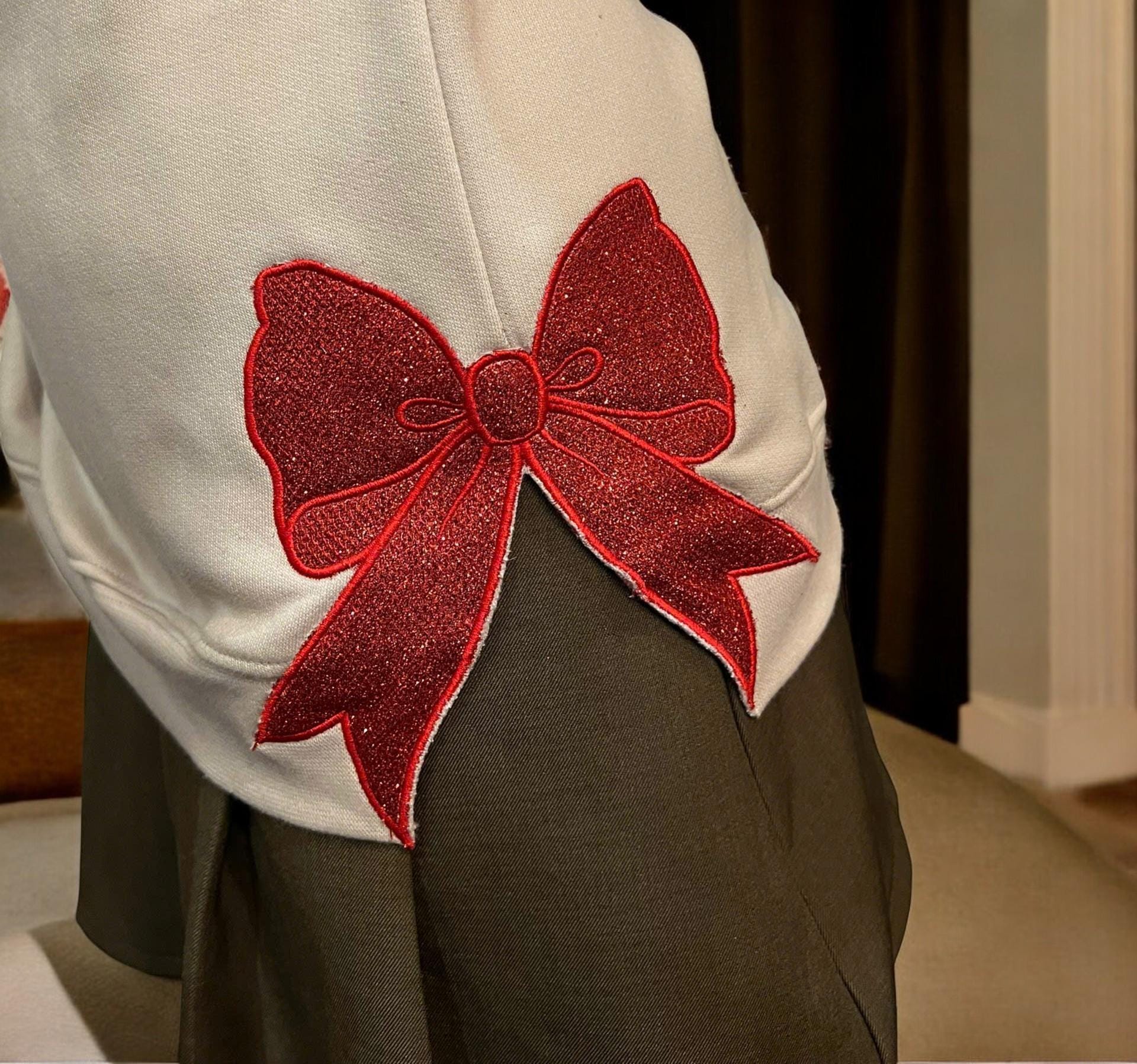 Embroidered Glitter Red Side Bow Appliqu? Sweatshirt, Embroidered Glitter Red Christmas Side Bow Appliqu? Sweatshirt ESIBOW