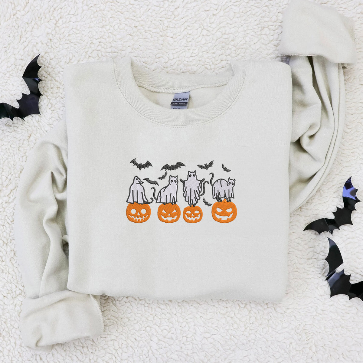 Embroidered Halloween Crewneck with Pumpkin, Bats, Cats Ghost Sweatshirt, Hoodie EMHA2608