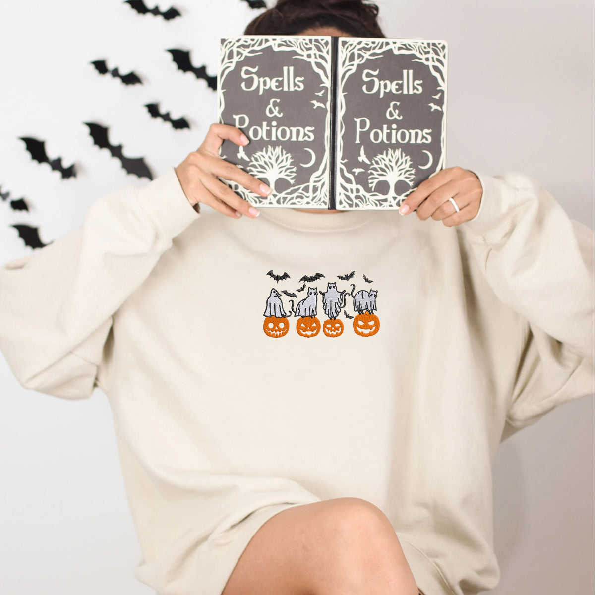 Embroidered Halloween Crewneck with Pumpkin, Bats, Cats Ghost Sweatshirt, Hoodie EMHA2608