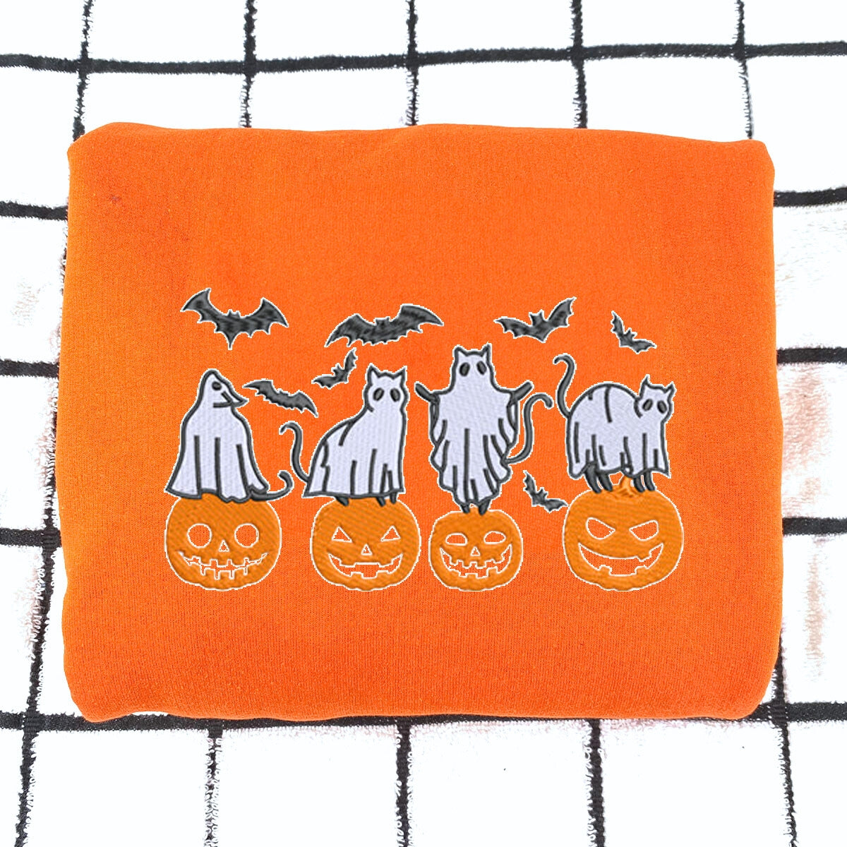 Embroidered Halloween Crewneck with Pumpkin, Bats, Cats Ghost Sweatshirt, Hoodie EMHA2608