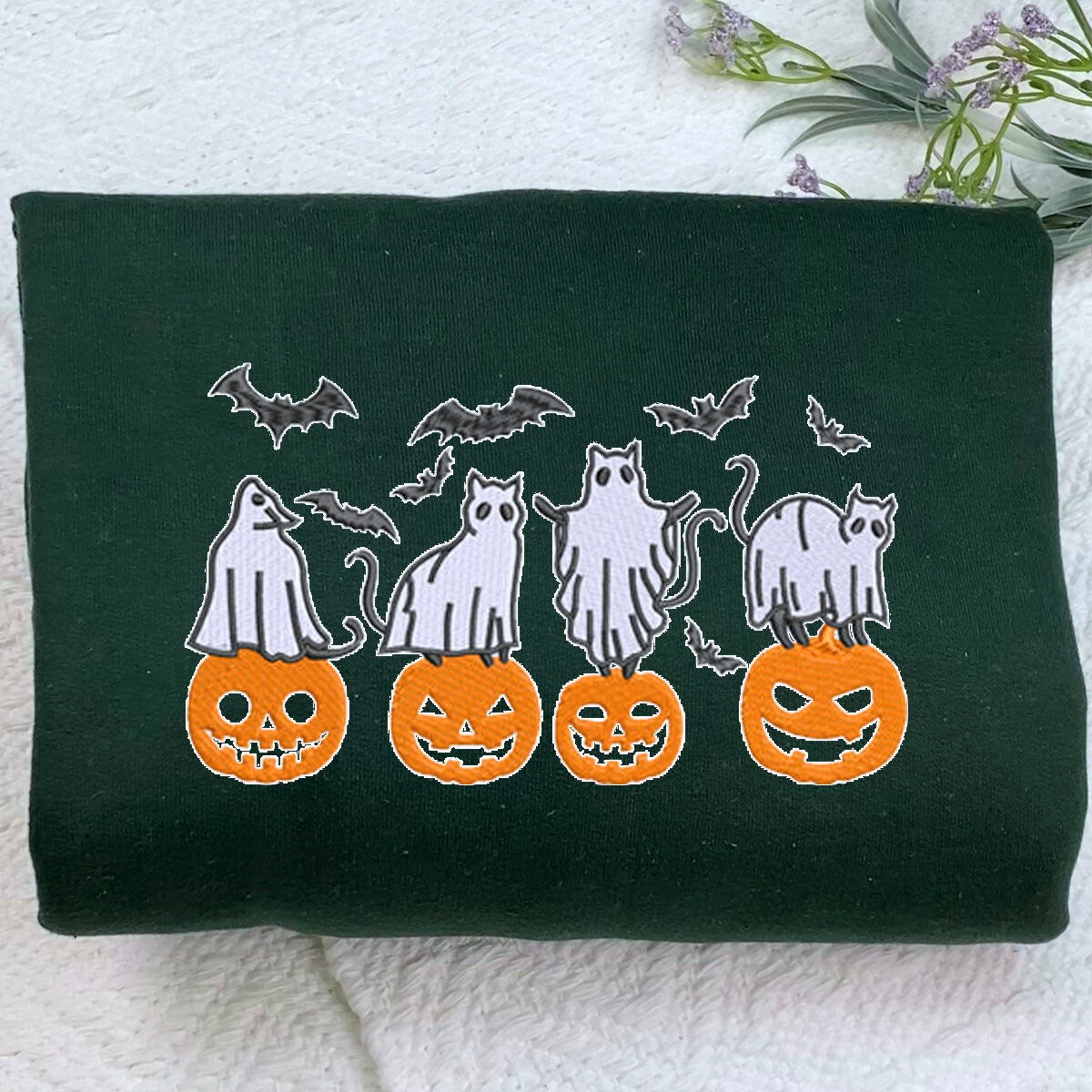 Embroidered Halloween Crewneck with Pumpkin, Bats, Cats Ghost Sweatshirt, Hoodie EMHA2608