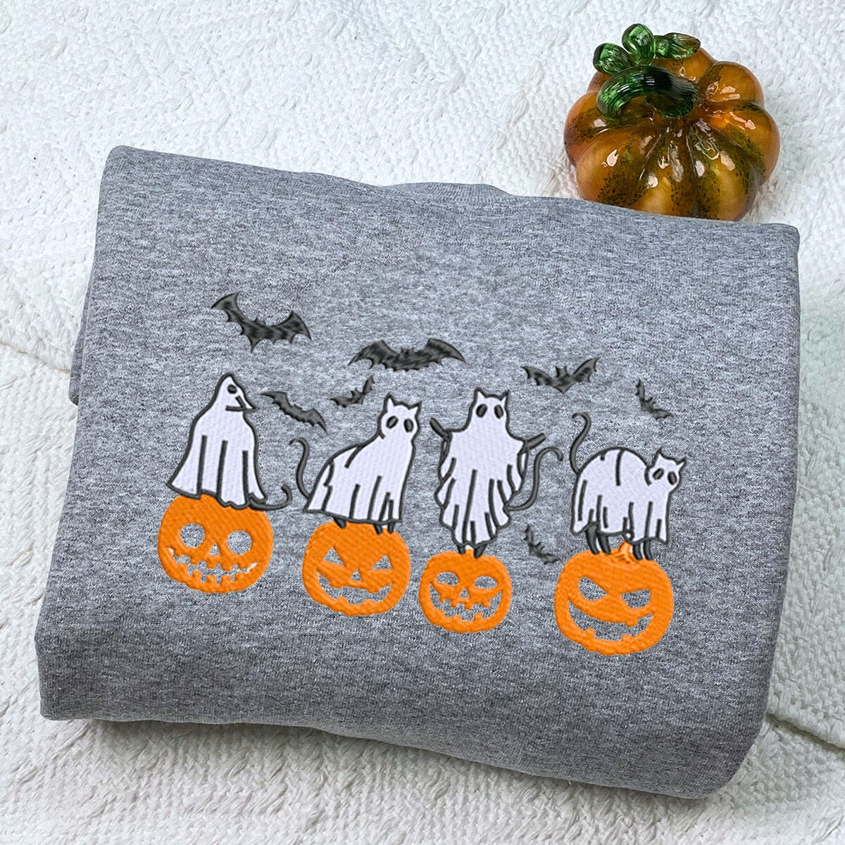 Embroidered Halloween Crewneck with Pumpkin, Bats, Cats Ghost Sweatshirt, Hoodie EMHA2608
