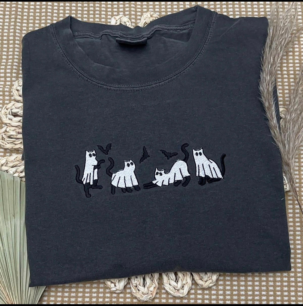 Embroidered Halloween Ghost Cat Comfort Colors tshirt EMHA2608