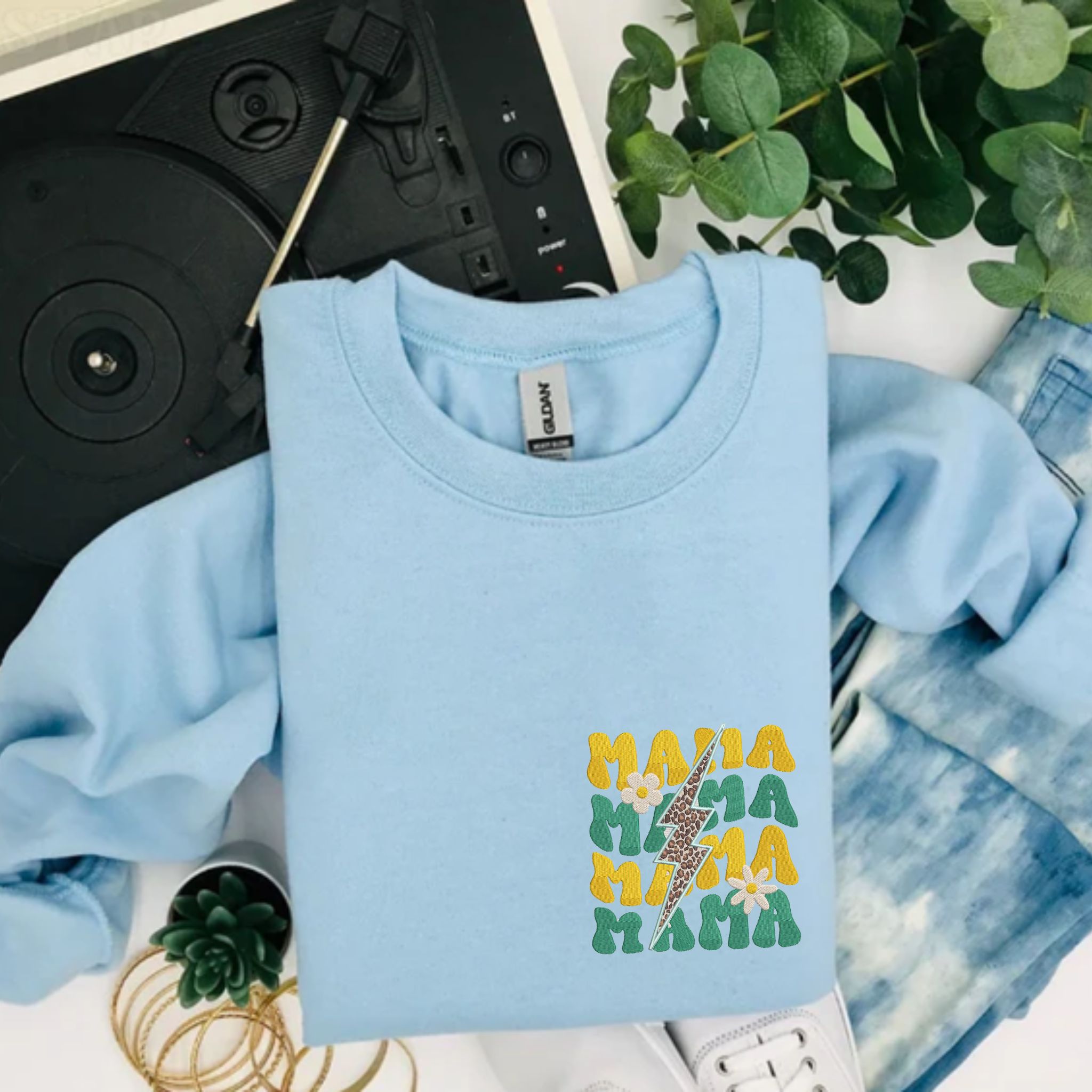 Embroidered Mama Lightning Bolt Sweatshirt, Unique Gift For Mother's Day, Custom Mama with Flower Crewneck EM2