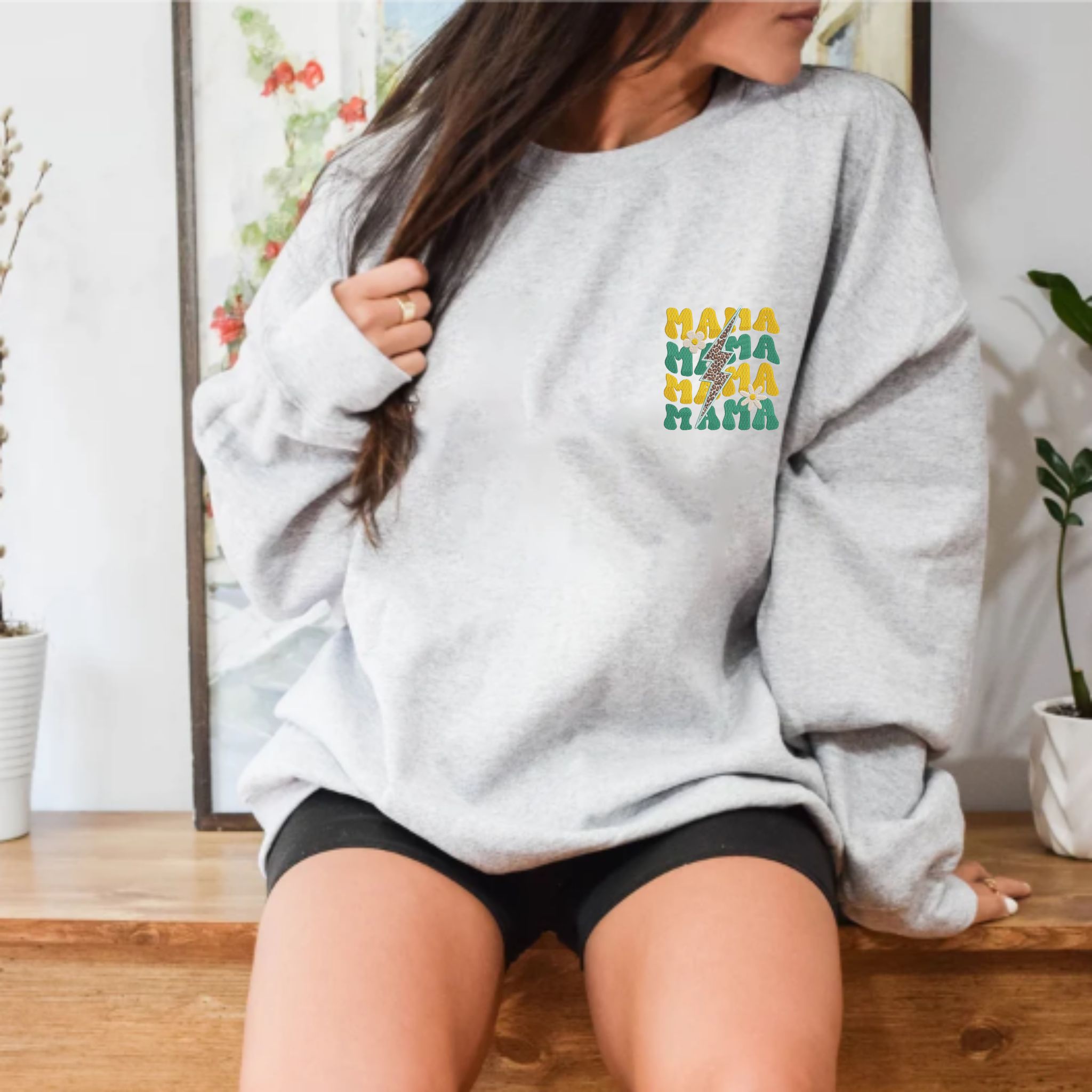 Embroidered Mama Lightning Bolt Sweatshirt, Unique Gift For Mother's Day, Custom Mama with Flower Crewneck EM2