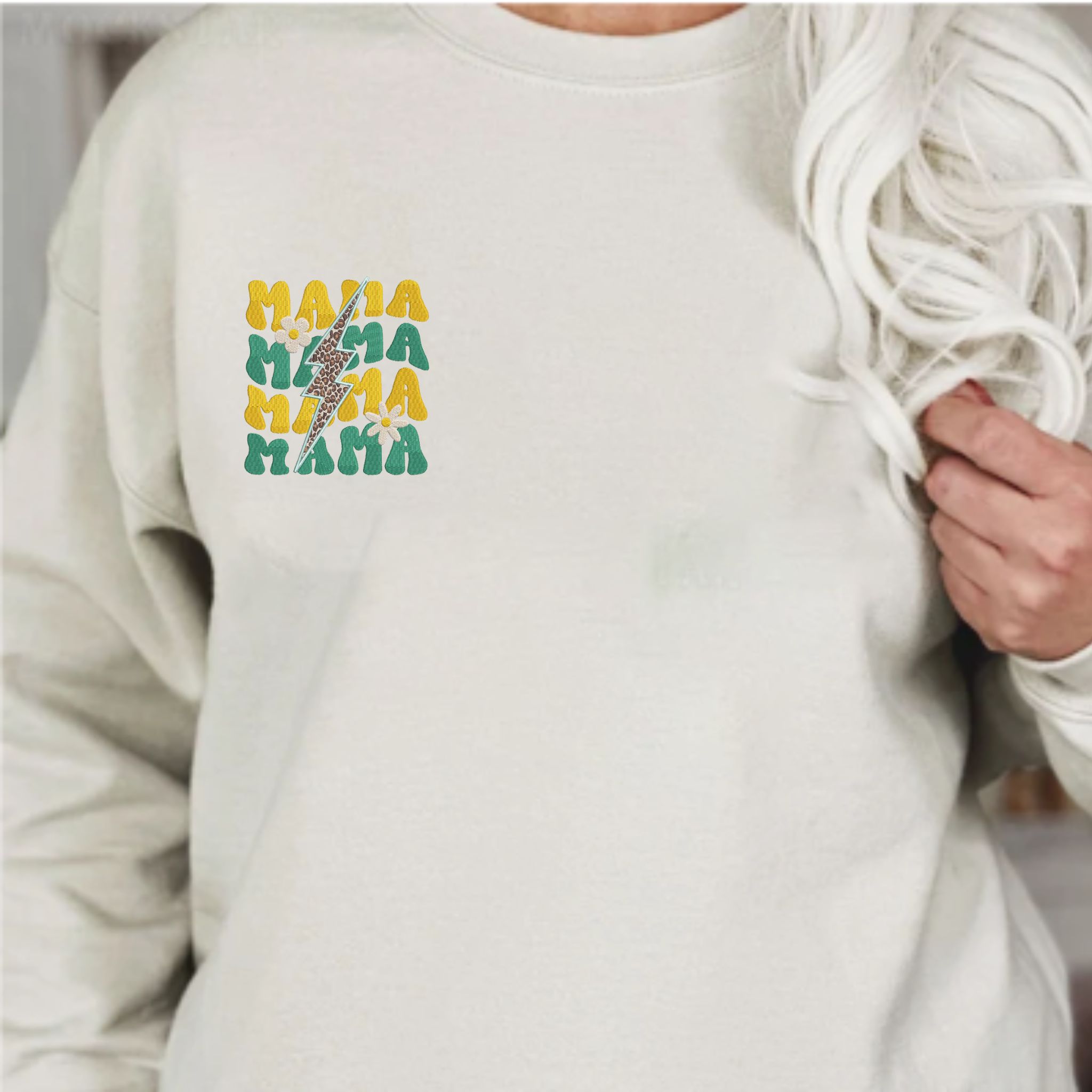 Embroidered Mama Lightning Bolt Sweatshirt, Unique Gift For Mother's Day, Custom Mama with Flower Crewneck EM2