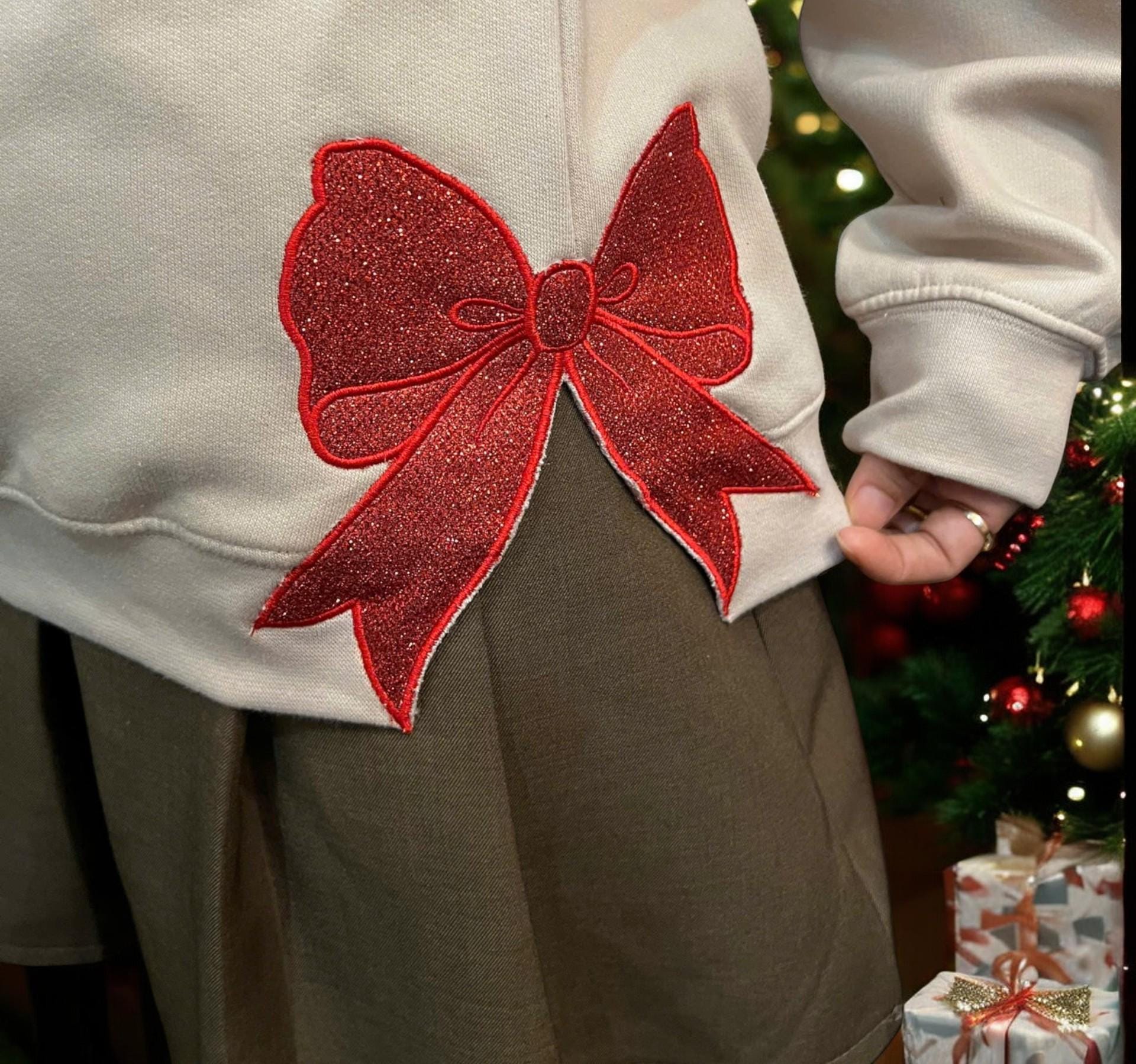 EMBROIDERED Side Bow Appliqu? Sweatshirt, Red Merry Christmas Embroidery, Red Bow Applique, Lace Bow Applique, Lace effect ribbon For Girl ESIBOW