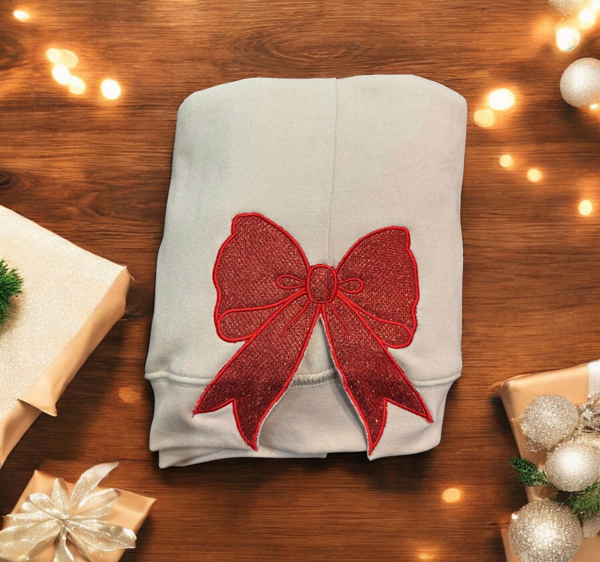 EMBROIDERED Side Bow Appliqu? Sweatshirt, Red Merry Christmas Embroidery, Red Bow Applique, Lace Bow Applique, Lace effect ribbon For Girl ESIBOW