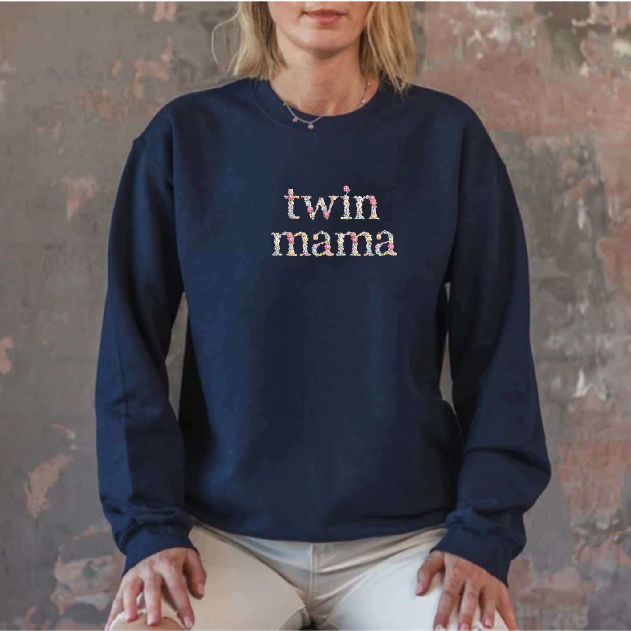 Embroidered Twin Mama Custom Sweatshirt, Personalized Crewneck with Initial On Sleeve, Gift for Mom EM2