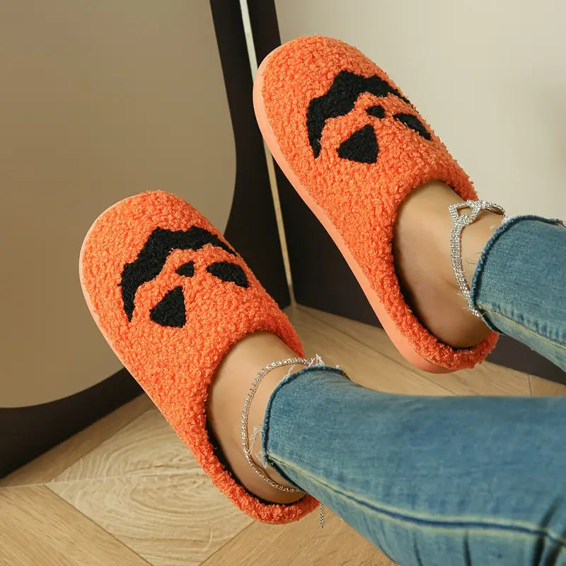 Halloween Pumpkin Design Slippers, Winter Cozy & Warm Slip On Fuzzy Shoes, Comfortable Indoor Floor Slippers SL0808 05
